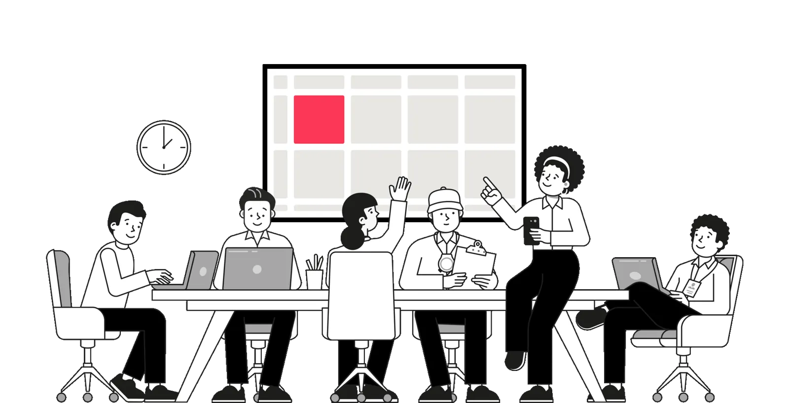 A team in front of its board, which fills up cell by cell.